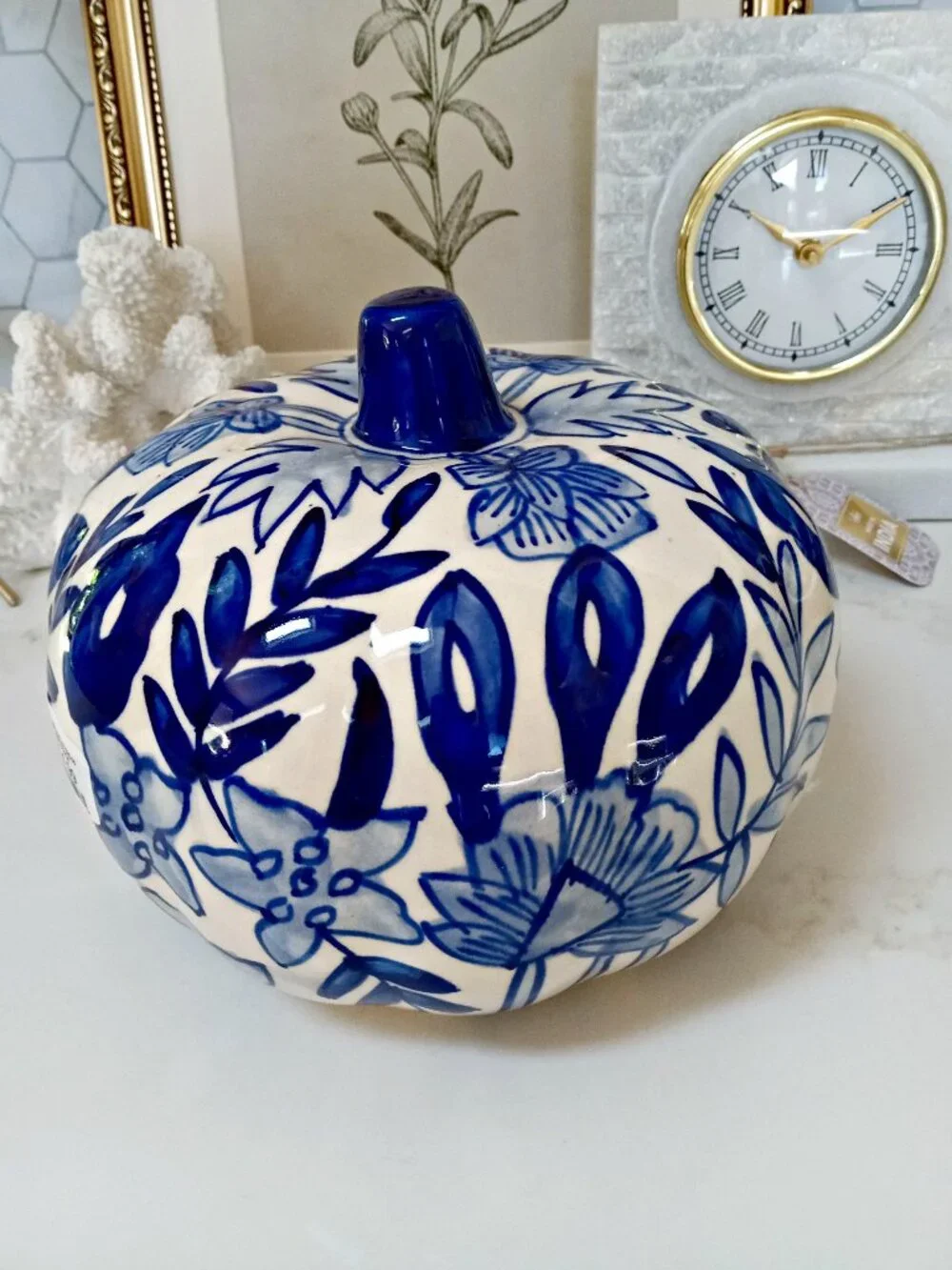 NEW! BEAUTIFUL BLUE FLORAL PUMPKIN INDIA OH MY!